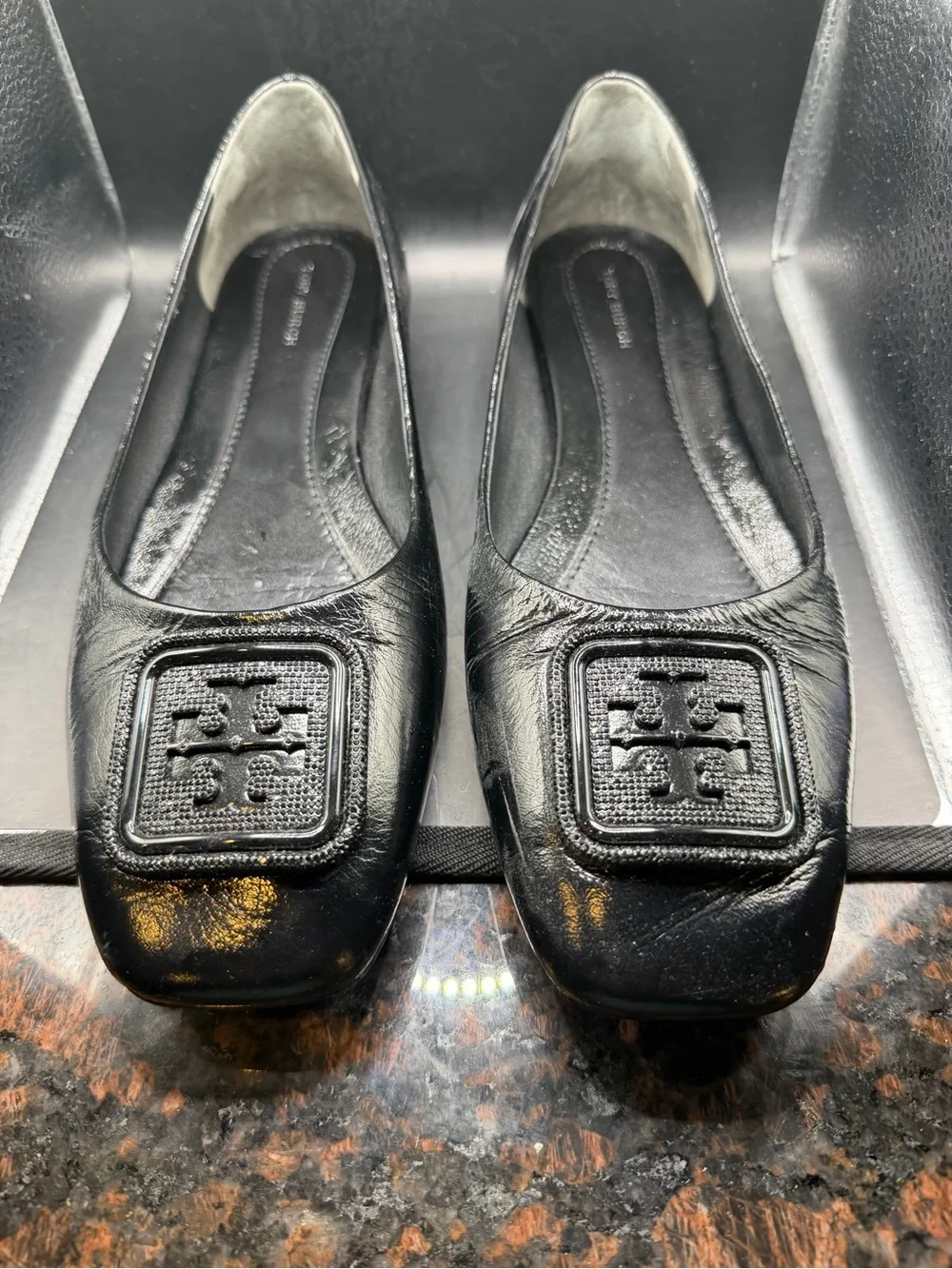 Tory Burch Black Leather Square-Toe Logo Flats
